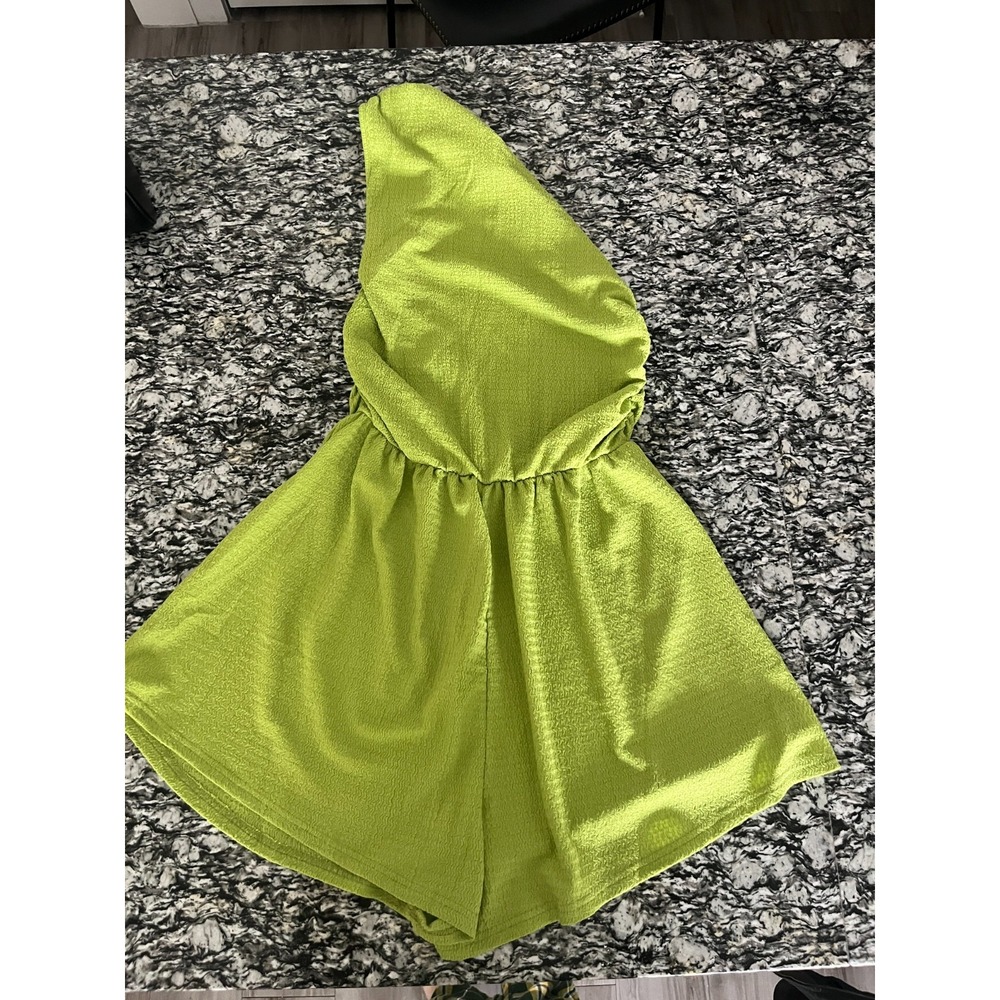 Short Romper Women Lime Green Plated Textured One Shoulder Everyday Wear Outdoor